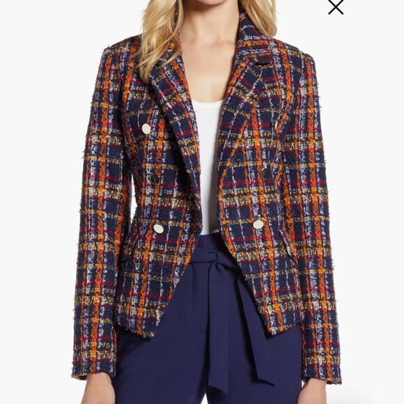 Halogen Plaid Tweed Blazer Jacket size 10 Navy Orange - Picture 1 of 8